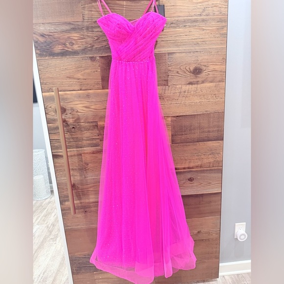 La Femme Hot Pink & Crystal Strapless Long Prom Ball Gown 31997 NWT - Picture 9 of 16